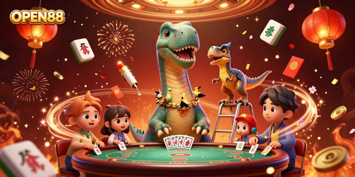 Experience excitement at OPEN88 with a cartoon dinosaur overseeing a poker game, celebrating gambling fun!