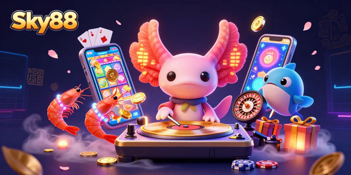 Spin and win big at Sky88 casino with a vibrant axolotl DJ and exciting gaming elements.
