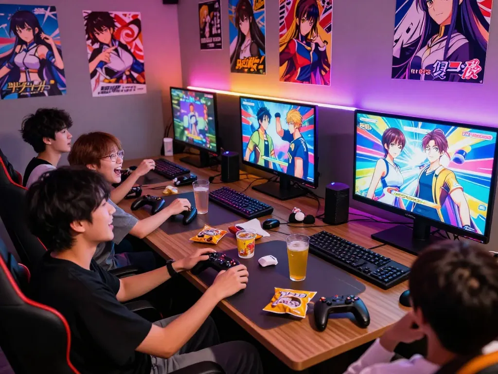 Friends enjoying an engaging hentai game in a colorful gaming lounge atmosphere.