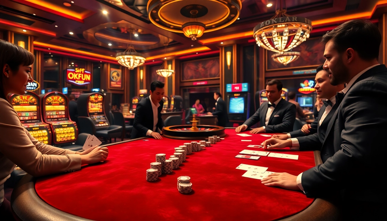 Experience the excitement of high-stakes betting at Trang Chủ OKFUN, showcasing luxurious casino tables and vibrant atmosphere.