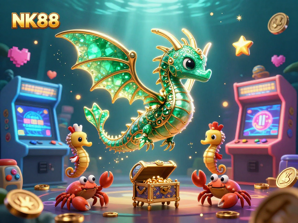 Experience the magic of NK88's vibrant gaming universe with stunning 3D characters and rich casino elements.
