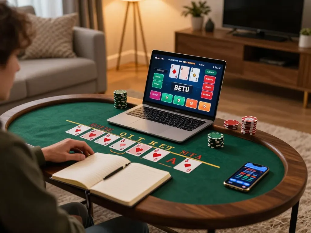 Person playing 98win live dealer blackjack on laptop with strategic notes nearby
