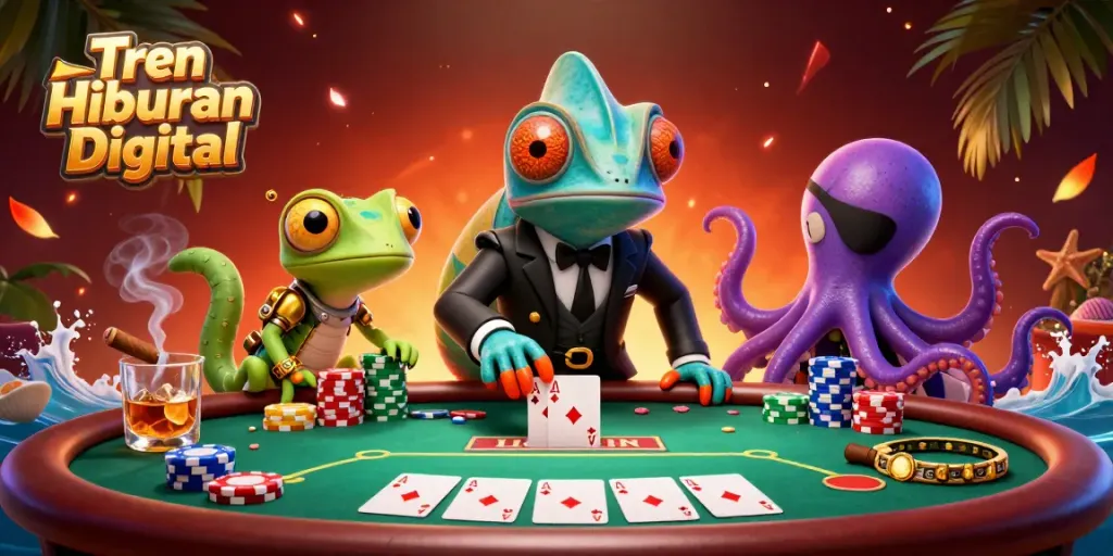Engage with Tren Hiburan Digital in a vibrant gambling scene featuring colorful poker chips and animated characters.