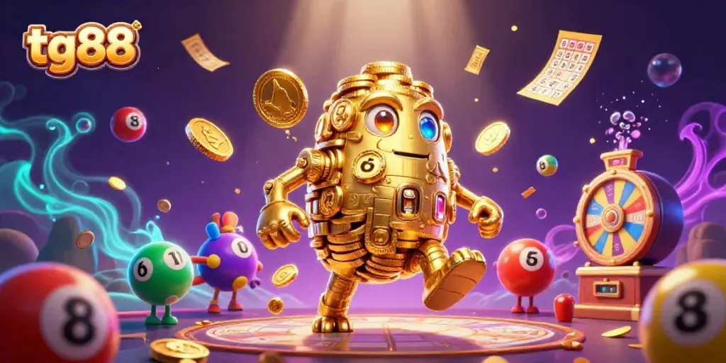 Experience excitement at tg88 with a thrilling 3D casino scene, featuring golden golems and vibrant games galore.