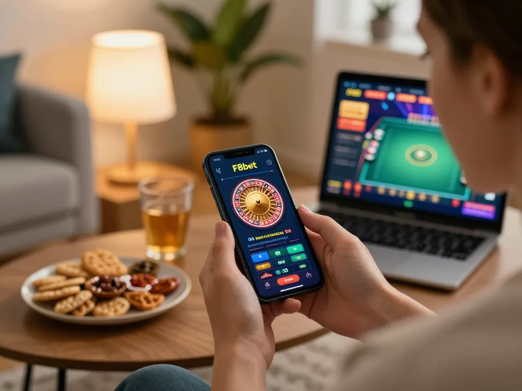 Player enjoying F8bet mobile gaming experience in a cozy home setup.