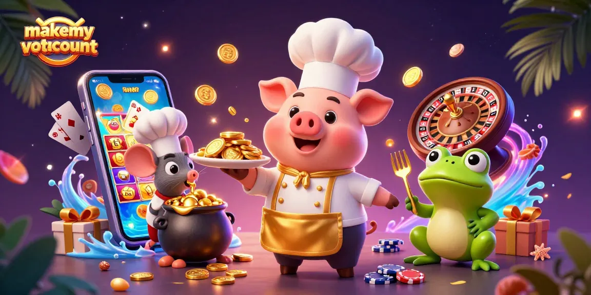 Engage with makemyvotecount as a chef pig serves golden coins amidst vibrant slot game elements.