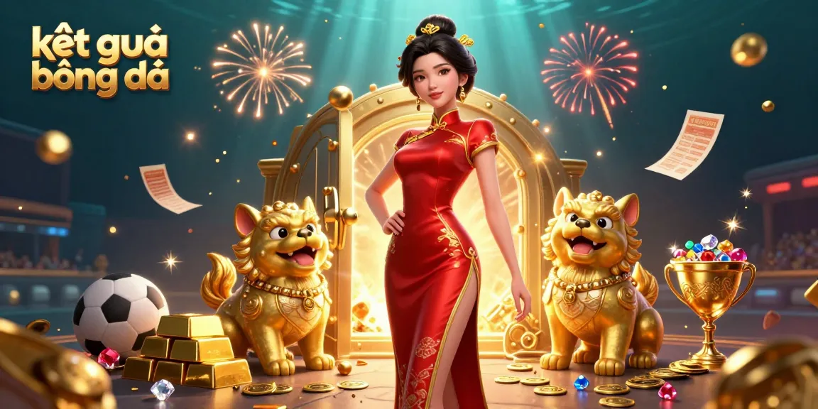 Engage with kết quả bóng đá in a vibrant 3D scene featuring an Asian woman, guardian foo dogs, and dynamic sports elements.