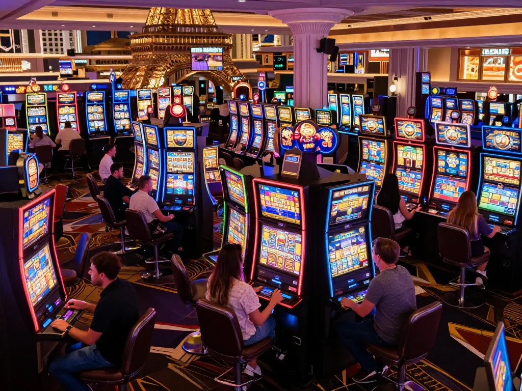 Pemain menikmati mesin slot yang berwarna-warni di slot paris, merayakan kemenangan di tengah tampilan yang cerah dan suasana neon