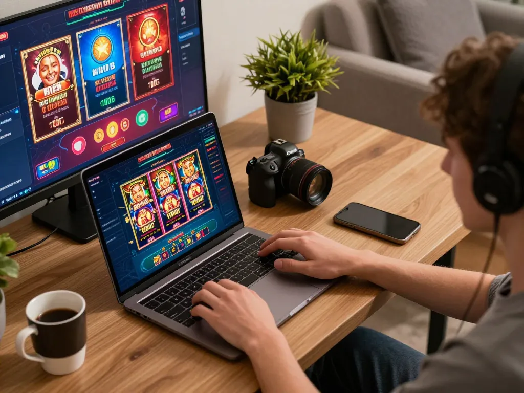 Engaged online player exploring game sc88 with vibrant casino graphics.