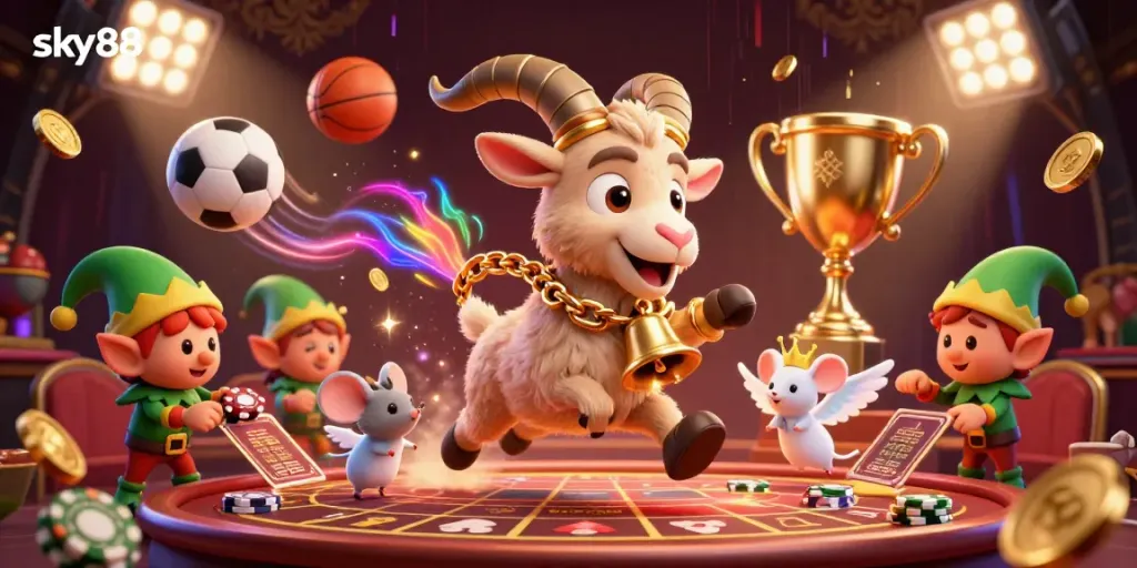 Engage in thrilling games at sky88 casino with a festive illustration of Krampus and gremlins.