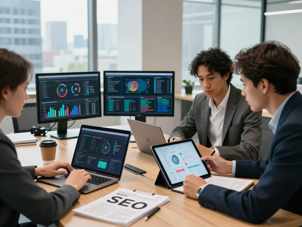 Dynamic business professionals discussing group buy SEO tools strategies at a modern conference table in a bright office.