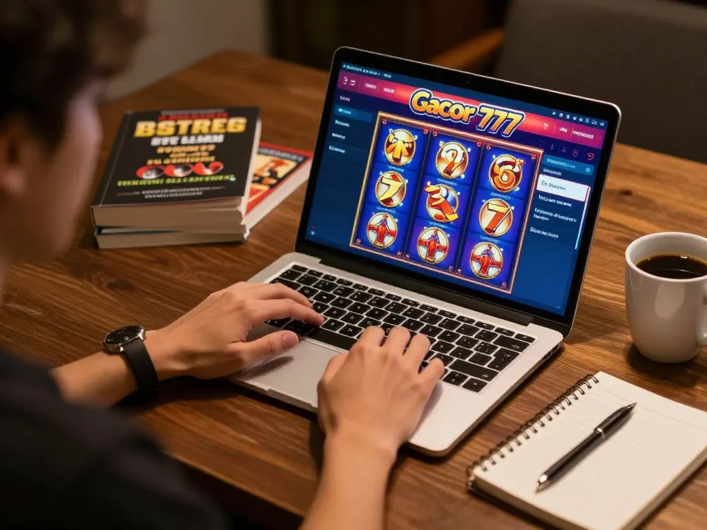 Engaging in slot gacor 777 gameplay at home, showcasing responsible gaming setup and focused strategy