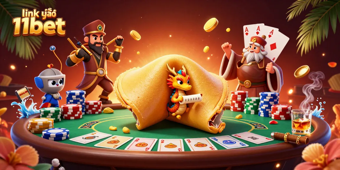 Engage with link vào 11bet through this vibrant casino-themed 3D illustration showcasing dynamic gambling elements.