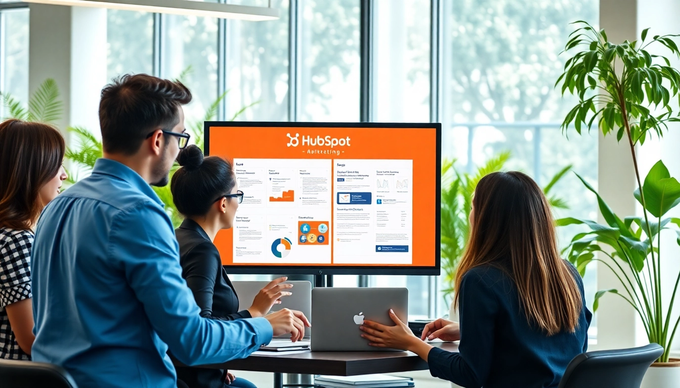 Design a HubSpot marketing email with a diverse team collaborating in a bright office.
