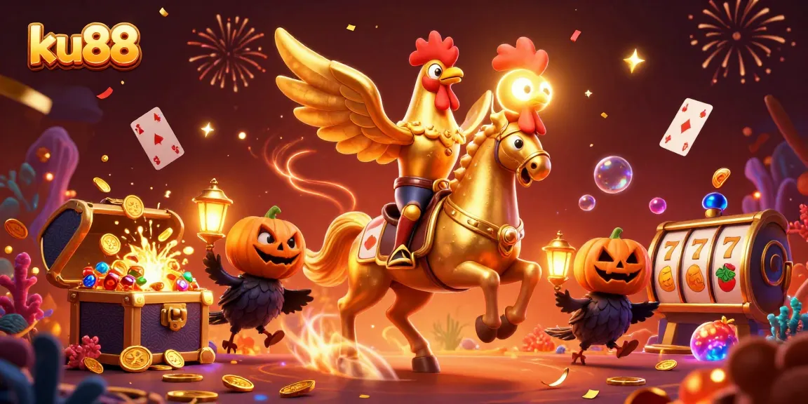 Engage with the vibrant ku88 casino experience, showcasing a dynamic 3D illustration featuring a golden rooster and its companions.