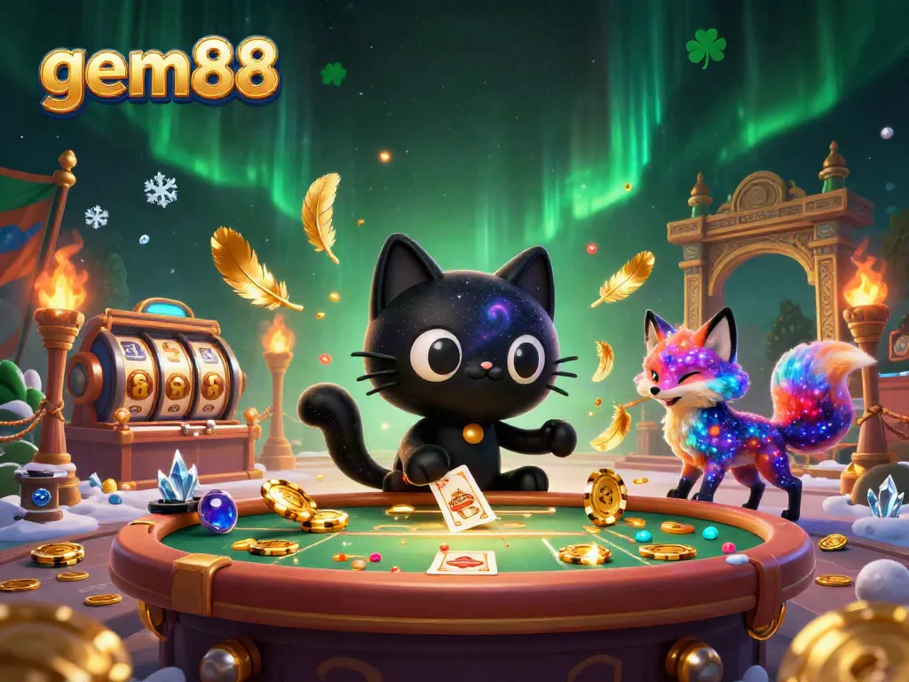 Experience thrilling gameplay at gem88 with a cosmic casino scene featuring a black hole cat and colorful fox.