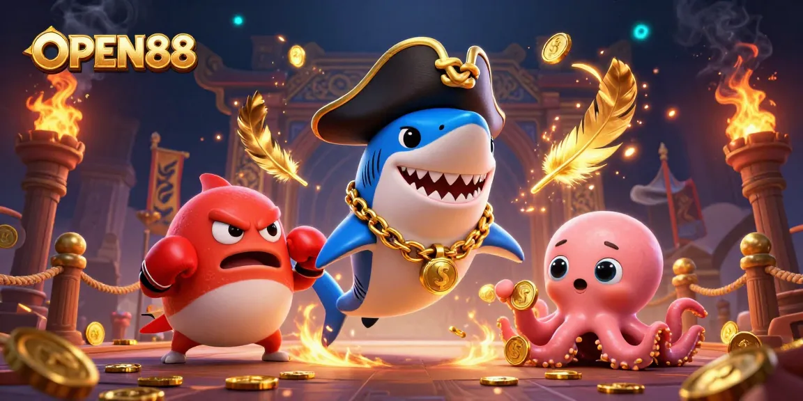 Experience FUN with OPEN88 in a vibrant 3D casino scene filled with treasure and excitement.
