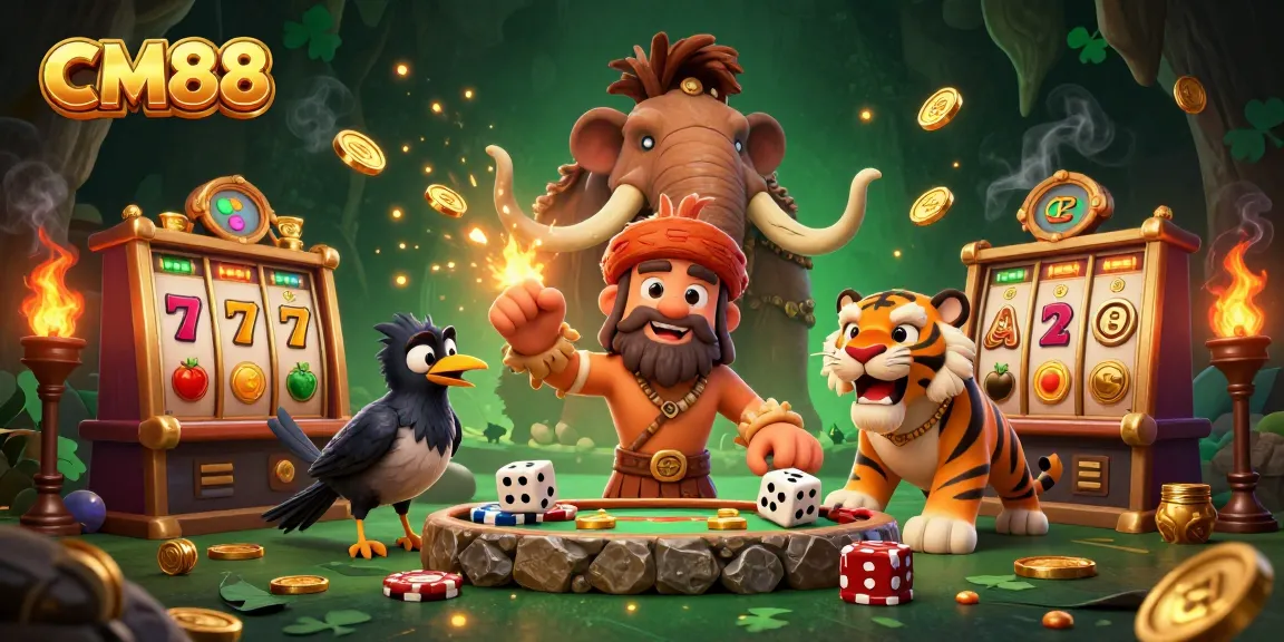 Experience thrilling gaming at CM88's stunning casino, featuring vibrant slot machines and animated characters.
