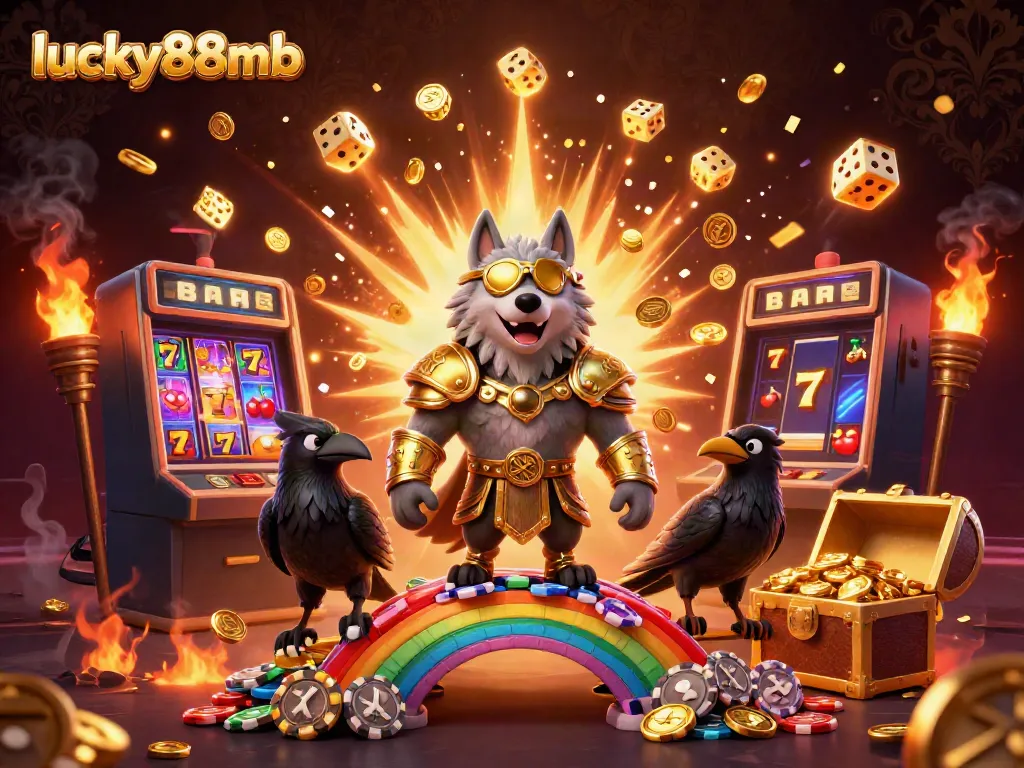 Win big at lucky88mb with a vibrant 3D scene showcasing a Norse-inspired wolf, stacked jackpot, and casino elements.