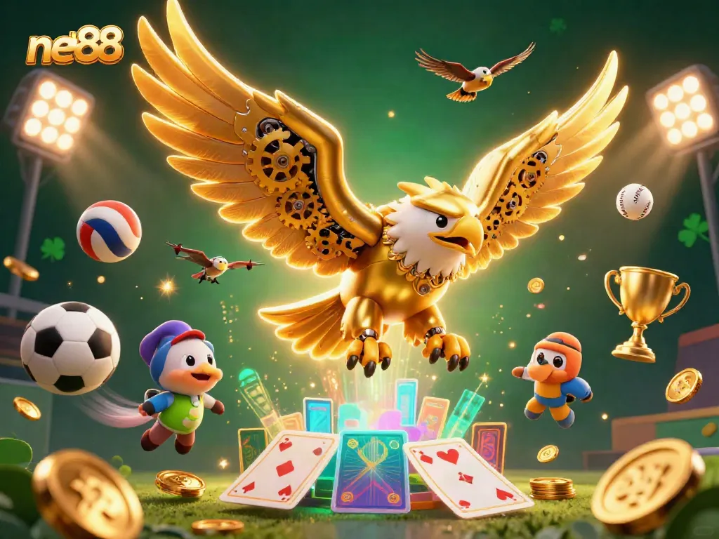 Bet on your favorite games with net88, featuring a cybernetic eagle diving through holographic cards and sports elements.