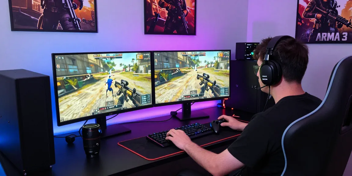 Player using ArmA 3 cheats in an immersive gaming setup with vibrant visuals and accessories.