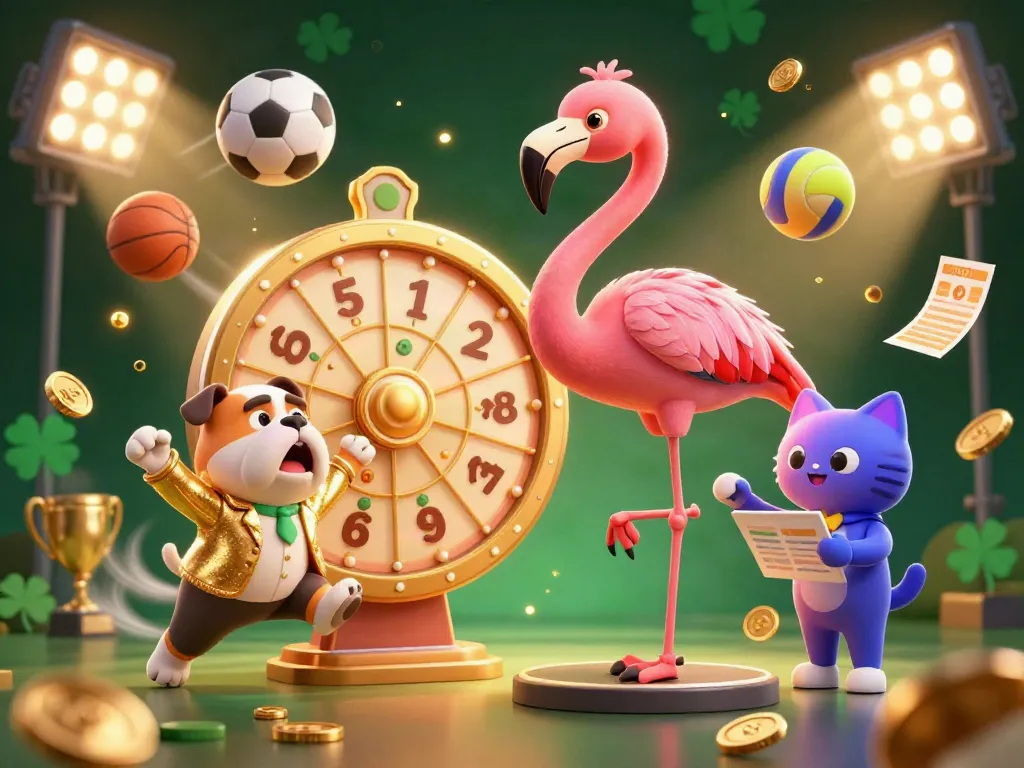 Join the excitement with sin88's game show host flamingo, bulldog contestant, and scoreboard cat, surrounded by dynamic gaming elements.