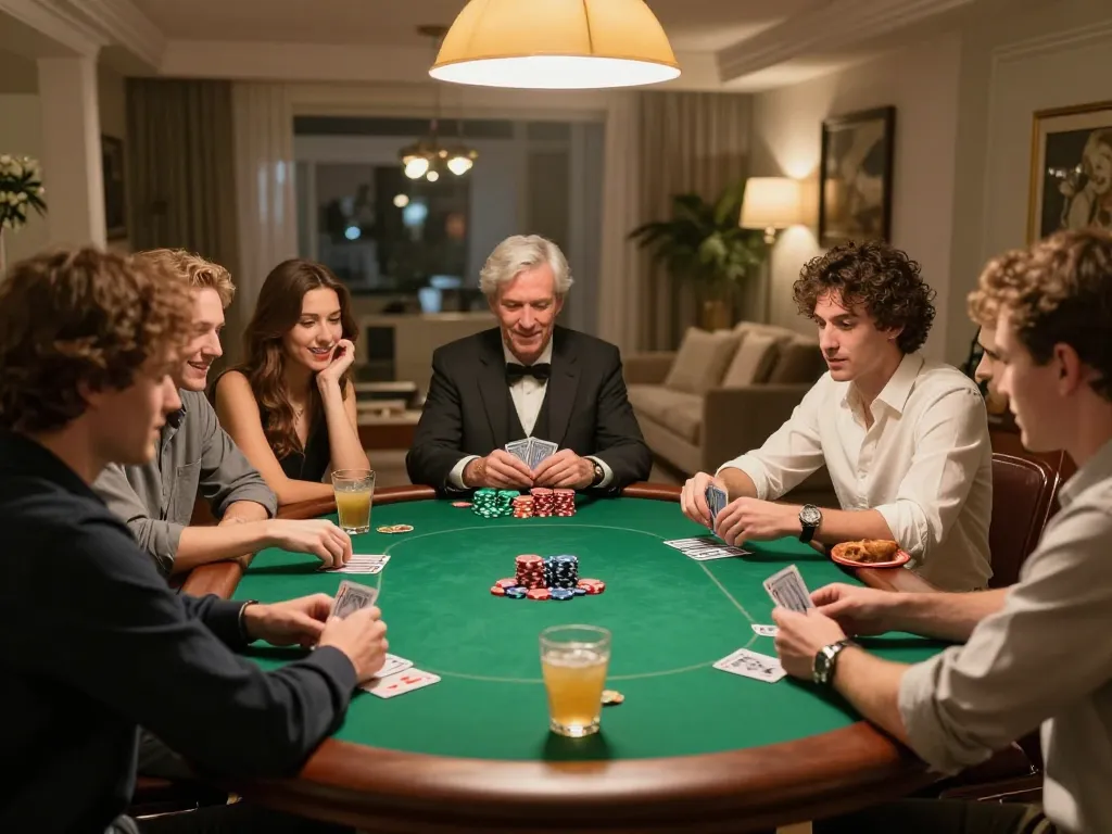 Go8 players engaged in a friendly poker game at home, showcasing strategic gameplay.