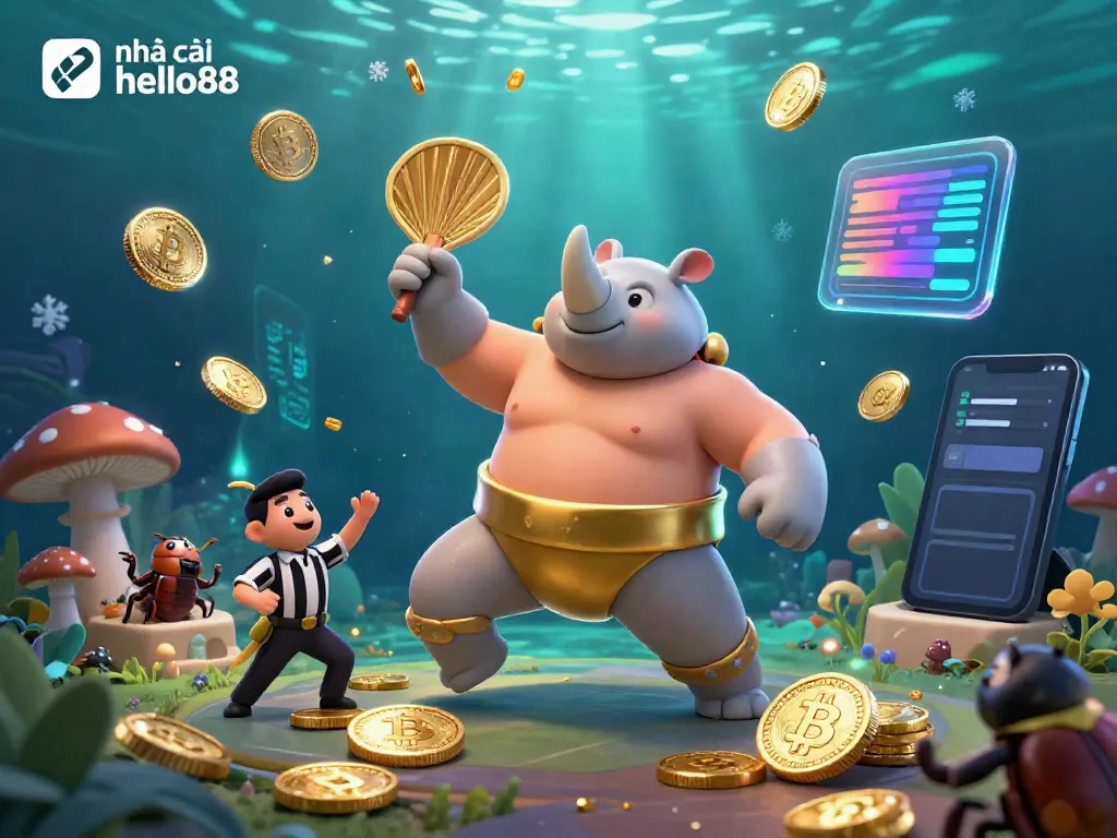 Experience the excitement of nhà cái hello88 with a cartoon beetle sumo champion surrounded by vibrant cryptocurrency elements.