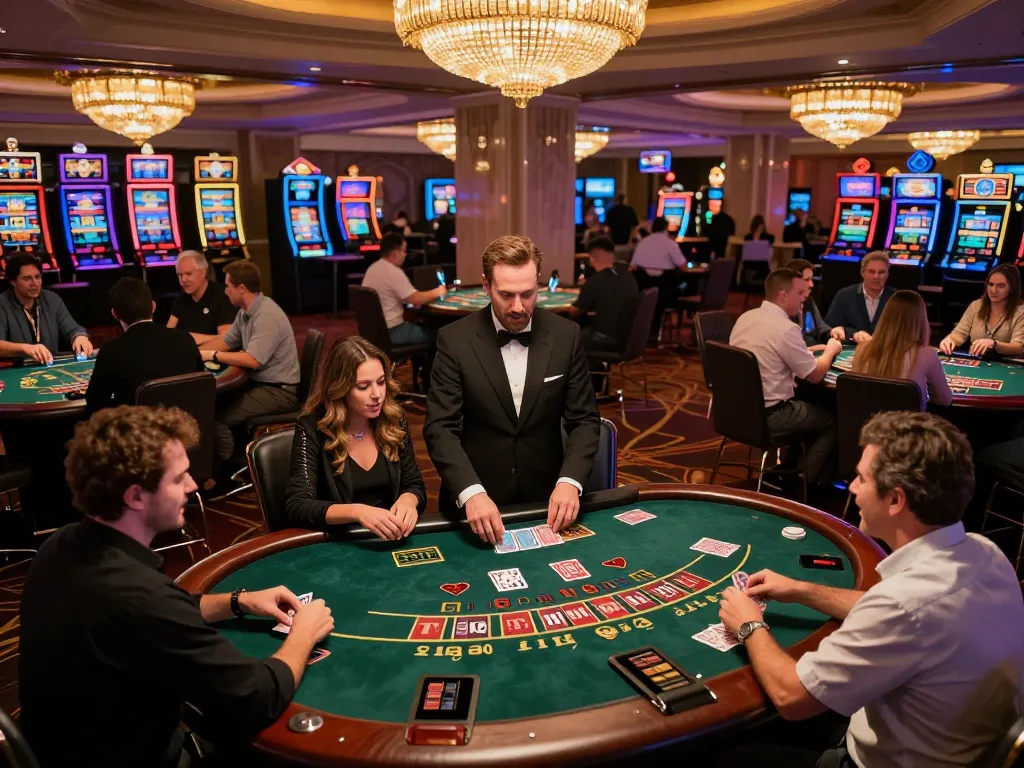 Players enjoying the action at rokok88 blackjack tables in a dazzling casino, capturing intense gameplay and excitement.