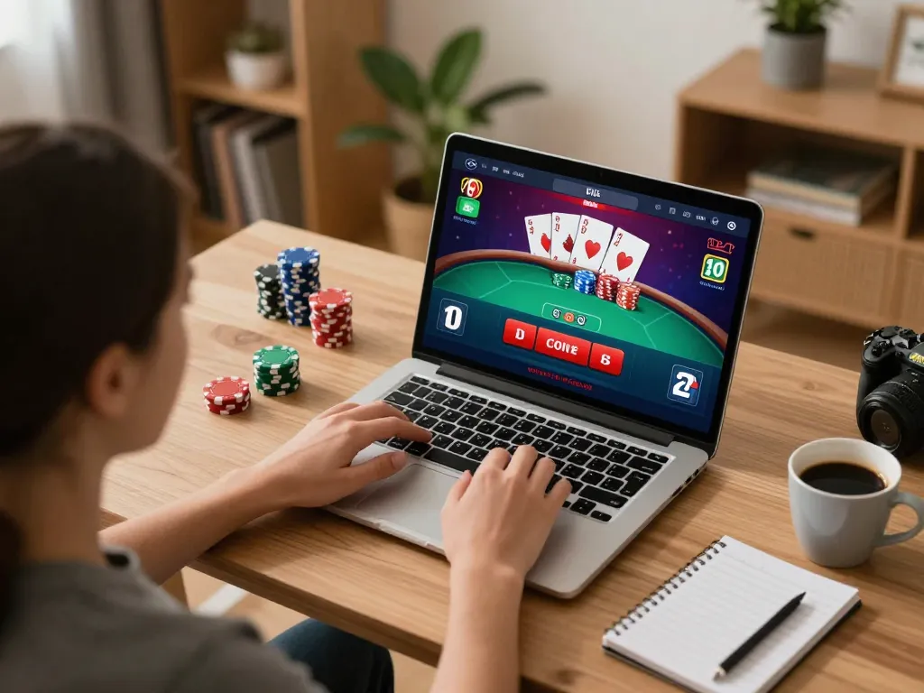 Online gaming experience at home with Nha cai uy tin casino interface displayed on laptop, showcasing responsible gambling atmosphere