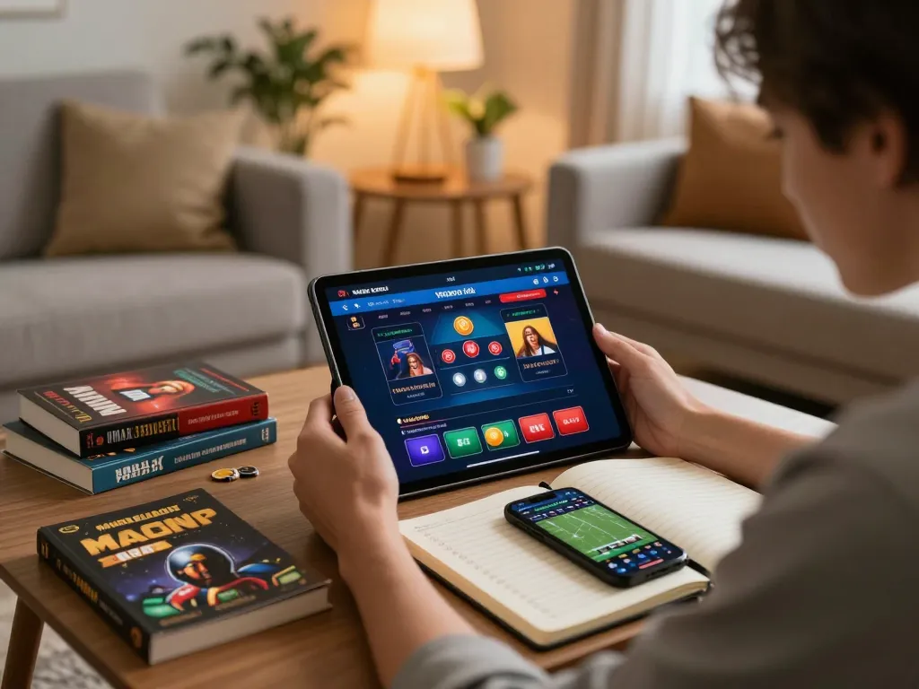 Engaging with Vmax trang chủ online casino interface in a cozy home environment with strategic betting notes.