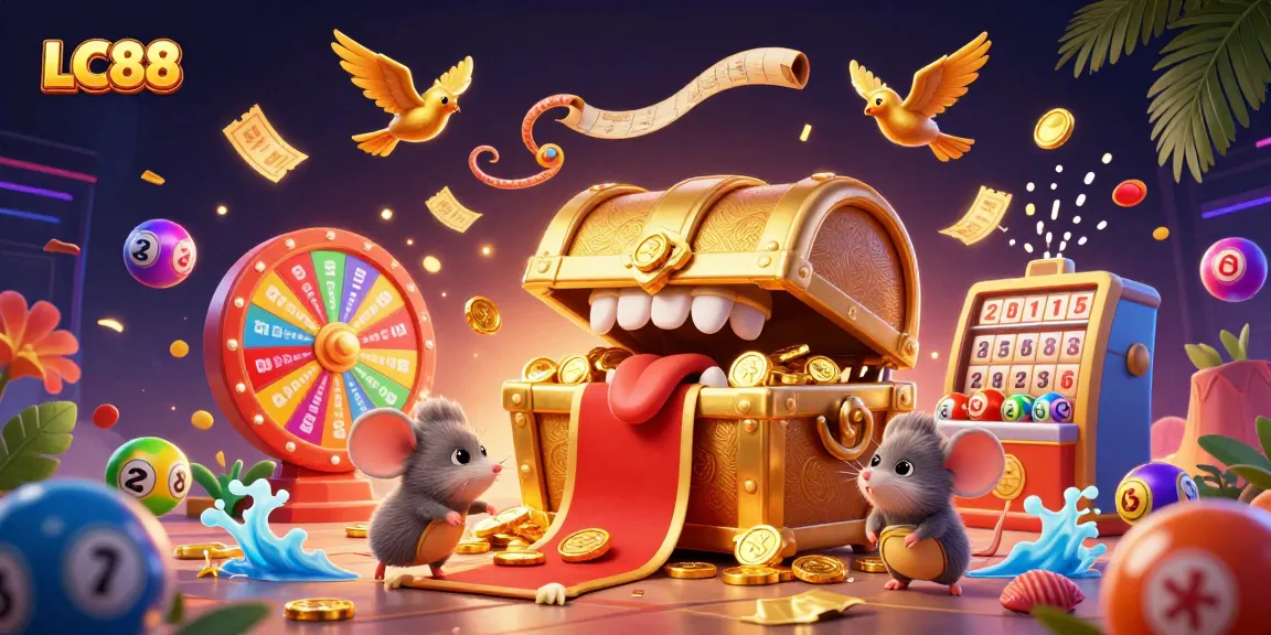 Experience the thrill of LC88 with vibrant lottery balls and a treasure chest drawing in lucky players.