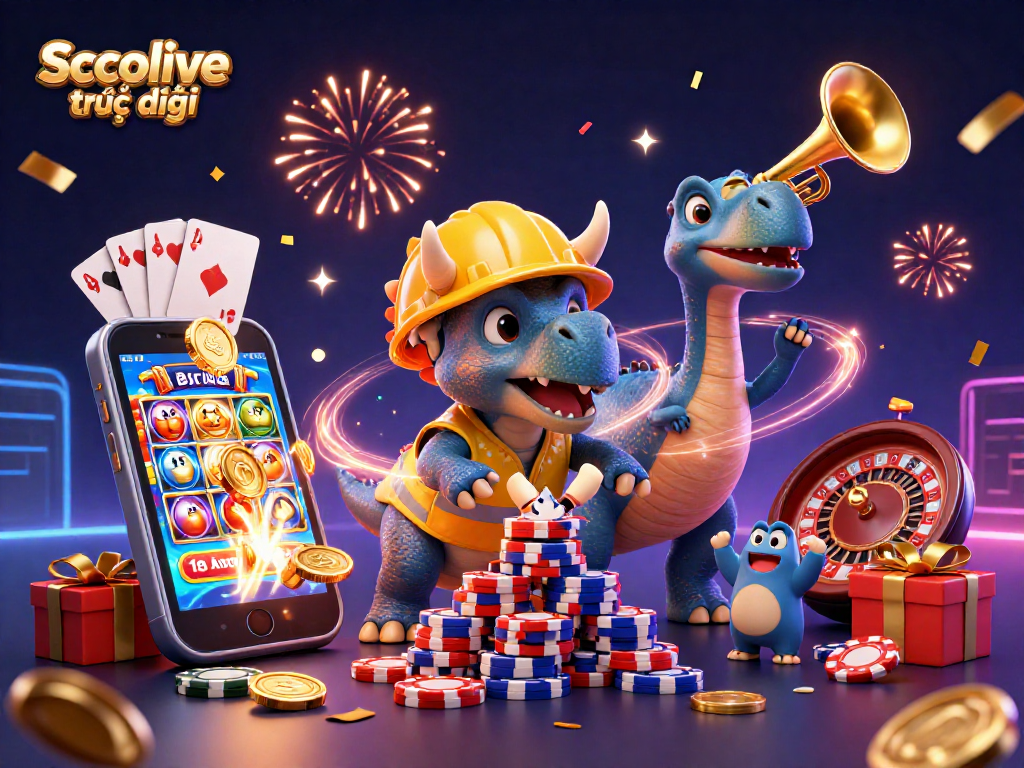 Socolive trực tiếp celebrates with a triceratops and friends amidst vibrant casino elements.