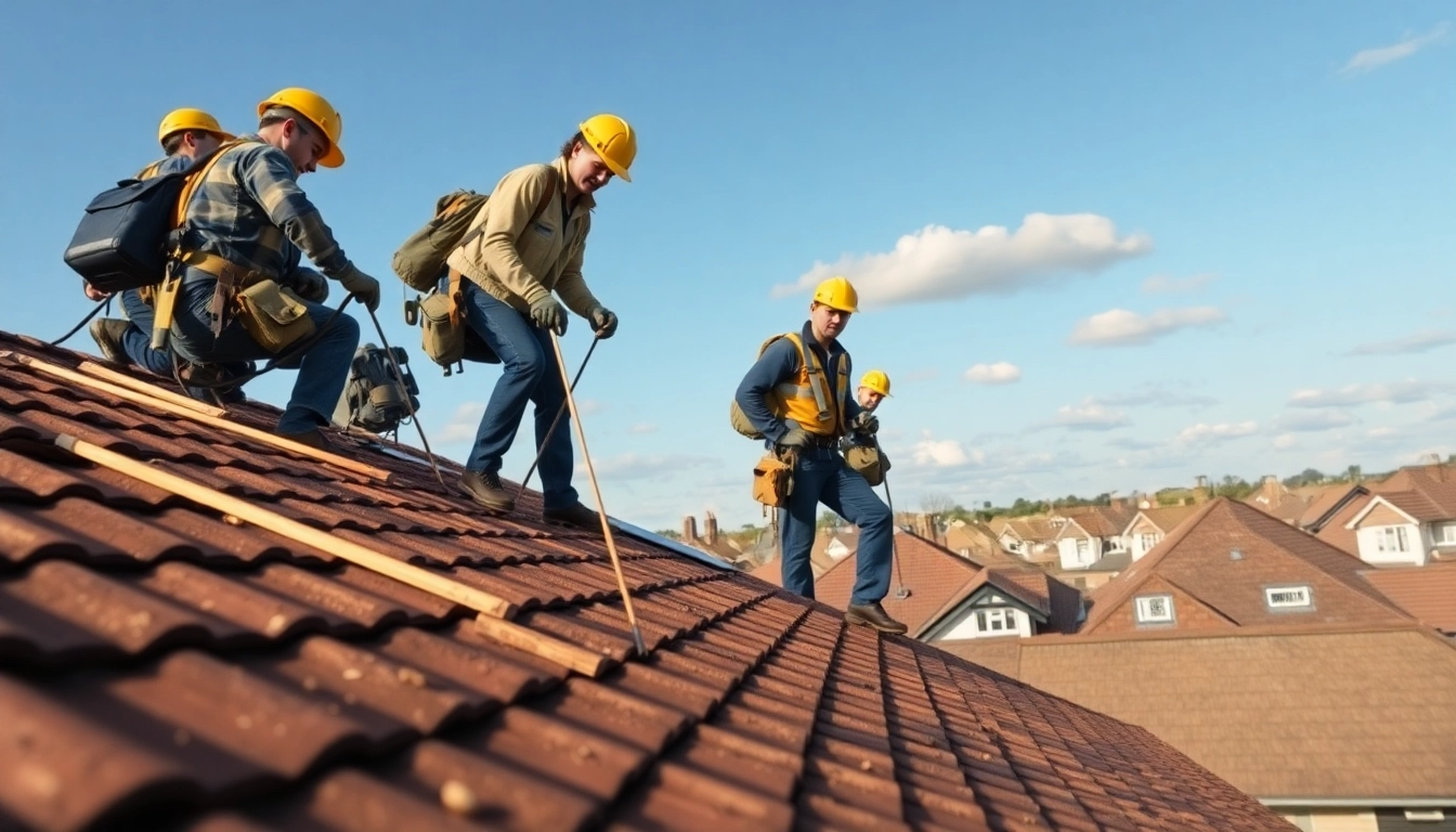 Roofing company team installing a new roof under clear skies, showcasing professionalism.