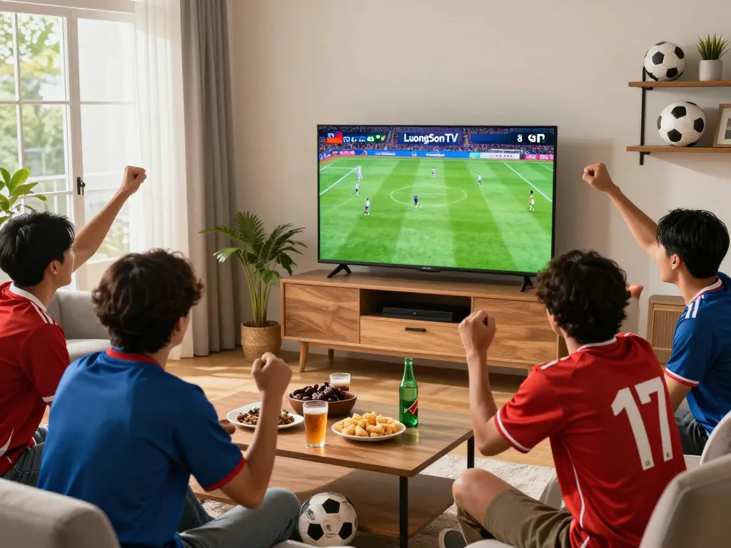 Friends enjoying live football on LuongSonTV in a cozy home setting.