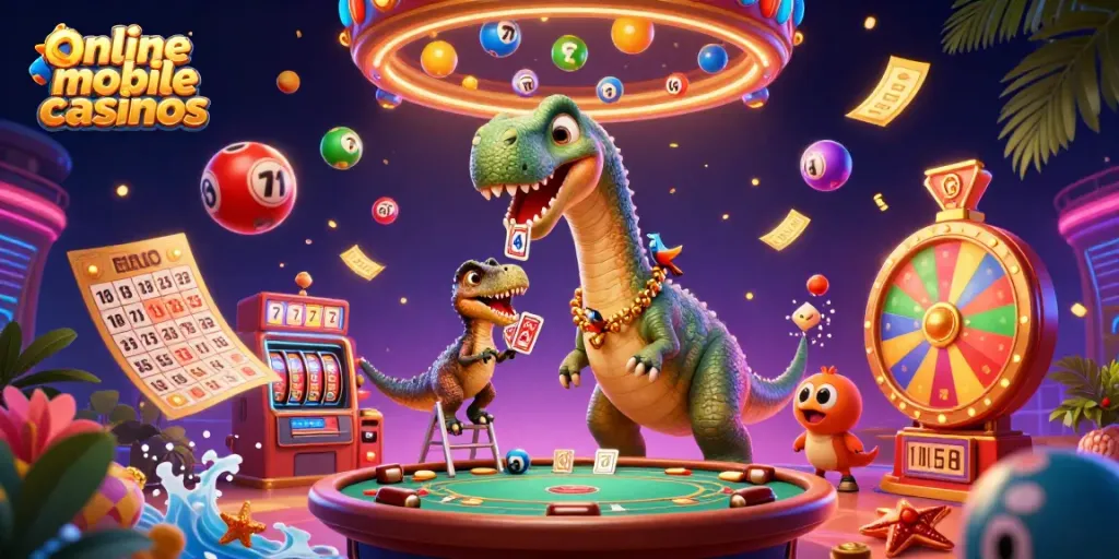 Experience the excitement of online mobile casinos with a vibrant 3D display featuring dynamic casino characters and elements.