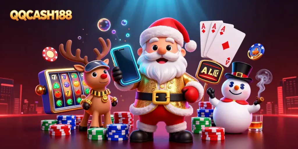 Spin the reels with QQCASH188's festive gaming scene featuring Santa, poker chips, and vibrant slot machines.