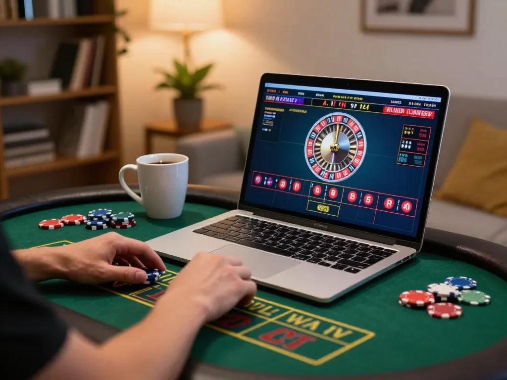 Experience thrilling online gaming with 789 at stylish home setup, live roulette camera view.