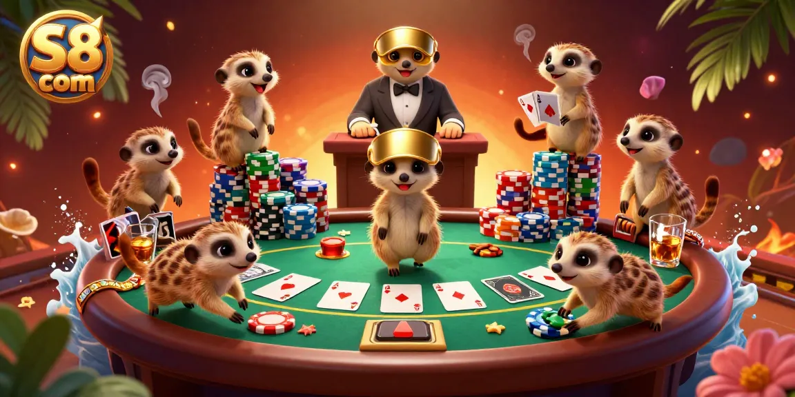 Enjoy gaming at S8 com while meerkats deal cards in a vibrant casino scene.