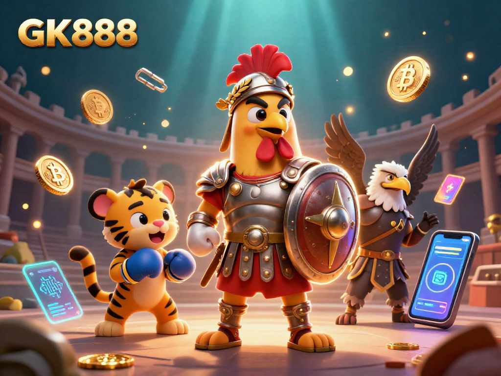 Experience thrilling gameplay at GK888 with a 3D cartoon gladiator rooster, tiger cub, and eagle in action.