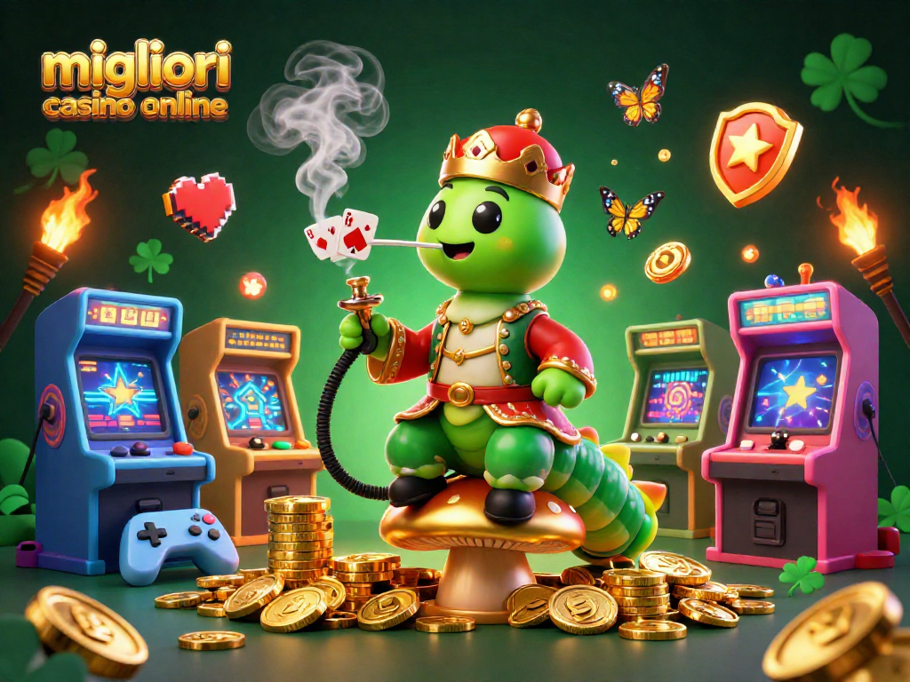 I migliori casino online offrono un'illustrazione di un enorme bruco in stile turco con simboli di poker e macchine da gioco colorate.