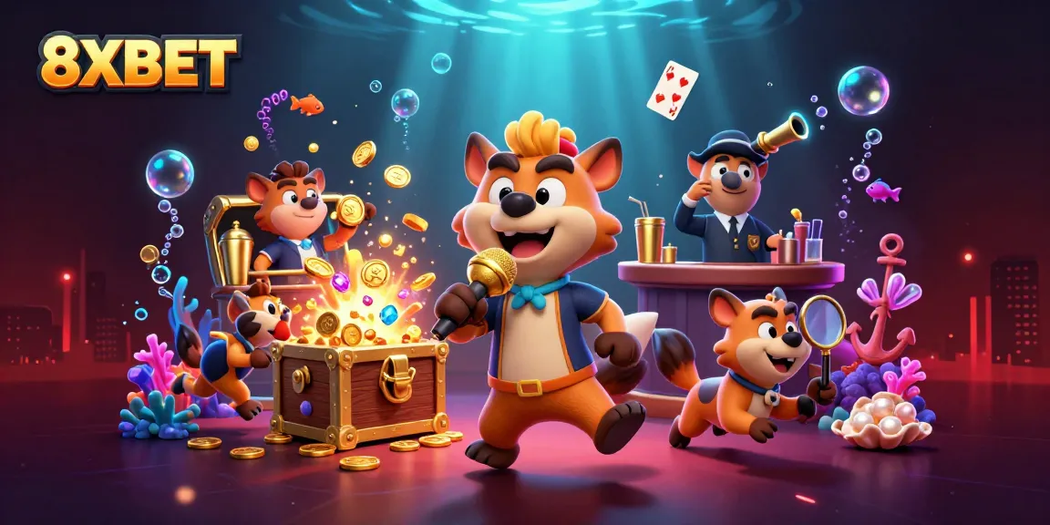 Experience the vibrant entertainment of 8XBET through a lively 3D casino scene featuring hyenas in a comedy club.