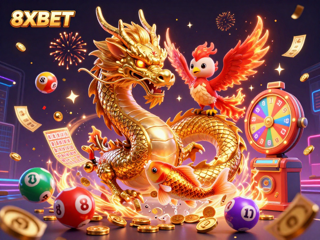 Engage in thrilling gameplay at 8XBET with a vibrant casino scene filled with dragons and winning symbols.
