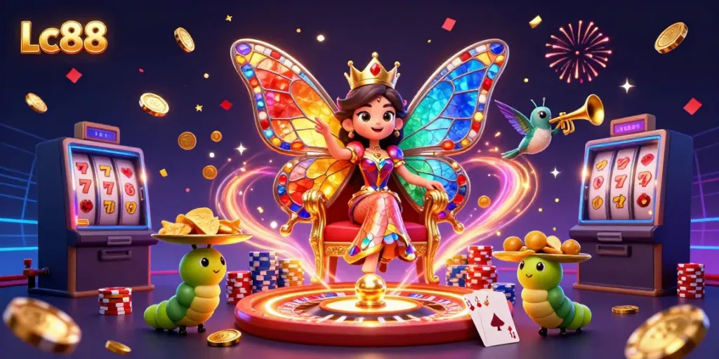 Engage with Lc88 at the vibrant online casino, featuring a whimsical butterfly queen and dazzling chips.