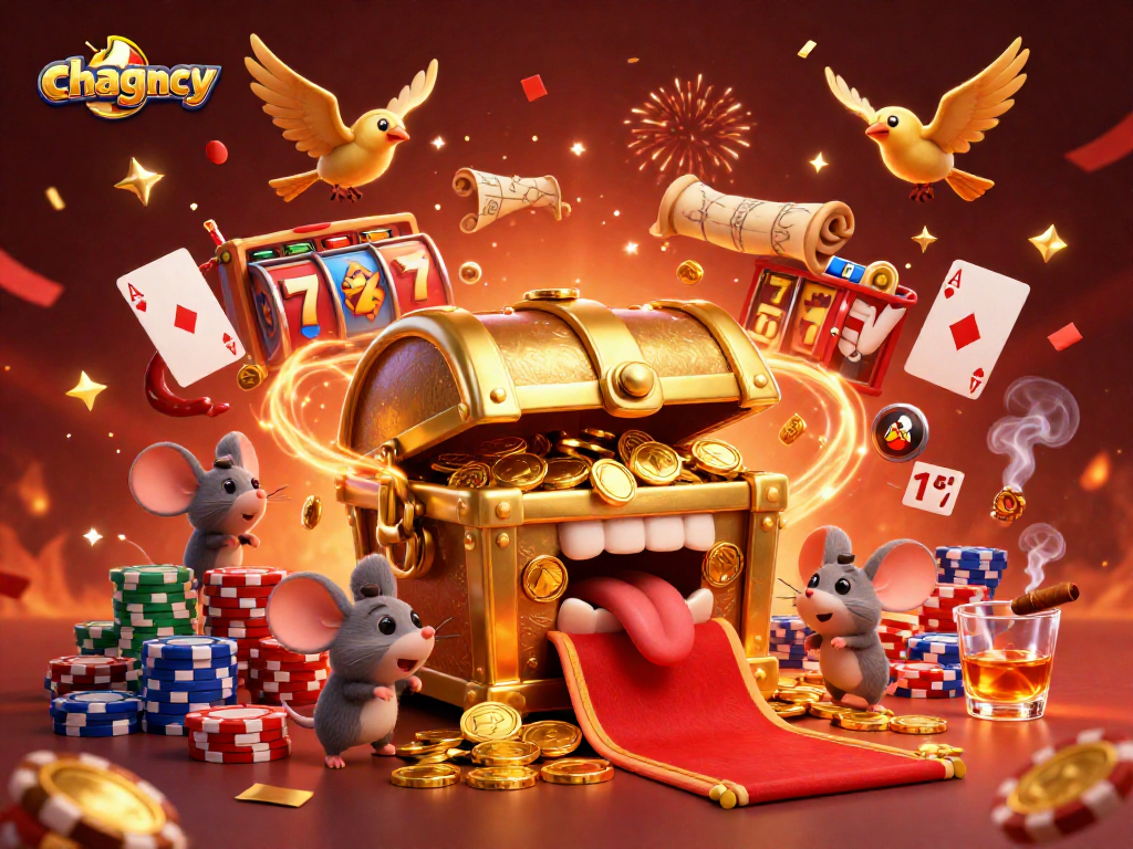 Join the adventure with chagency's golden treasure chest and slot riches in a vibrant casino scene.