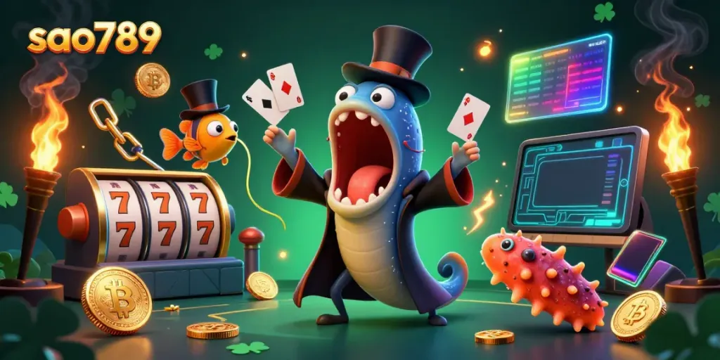 Sao789 deep-sea characters performing card tricks in a vibrant gambling-themed illustration.