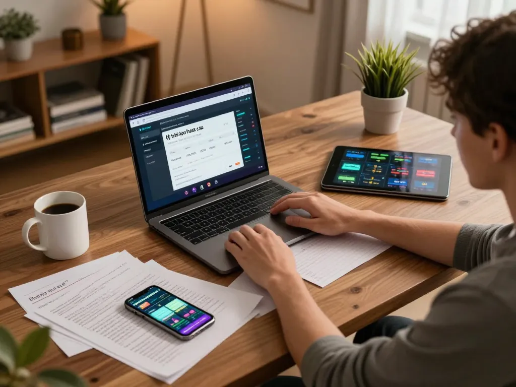 Engaged player analyzing tỷ lệ kèo nhà cái in a cozy home office setting with laptop and notes.