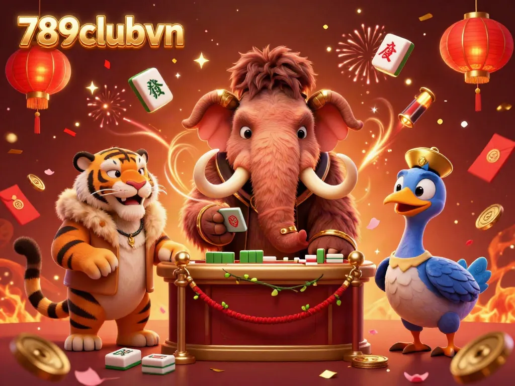 Experience the vibrant excitement of 789clubvn with a casino scene featuring a mammoth bouncer and colorful game elements.