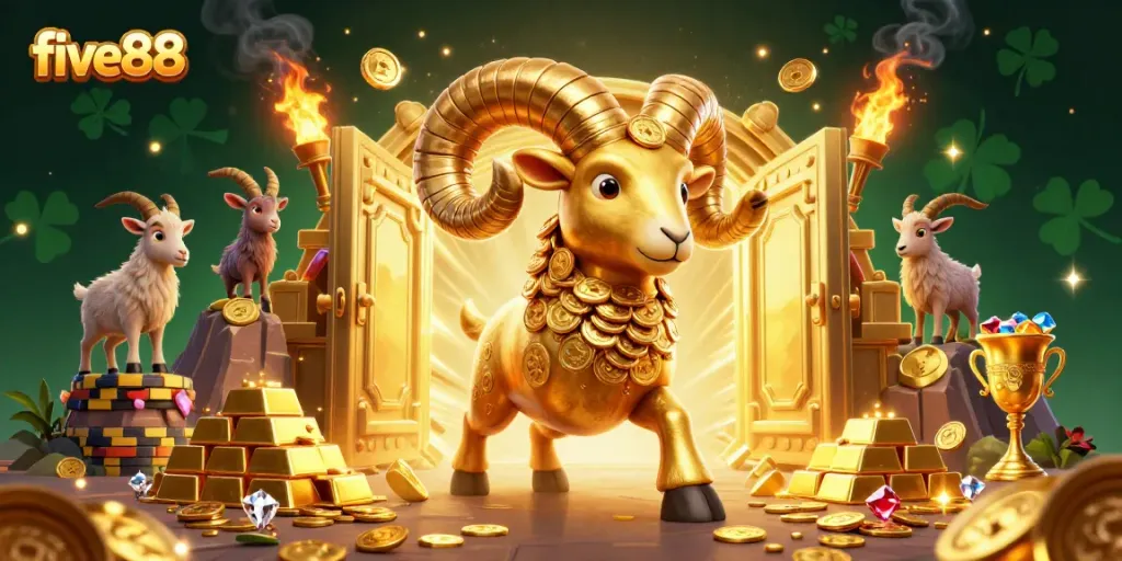 Experience thrilling action with five88, featuring a golden ram charging through a treasure vault, symbolizing online casino excitement.