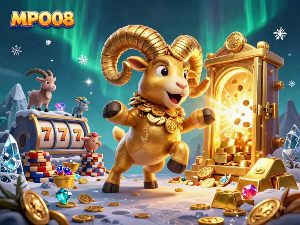 Engaging MPO08 casino illustration showcasing a golden ram charging through riches, ideal for gamblers.